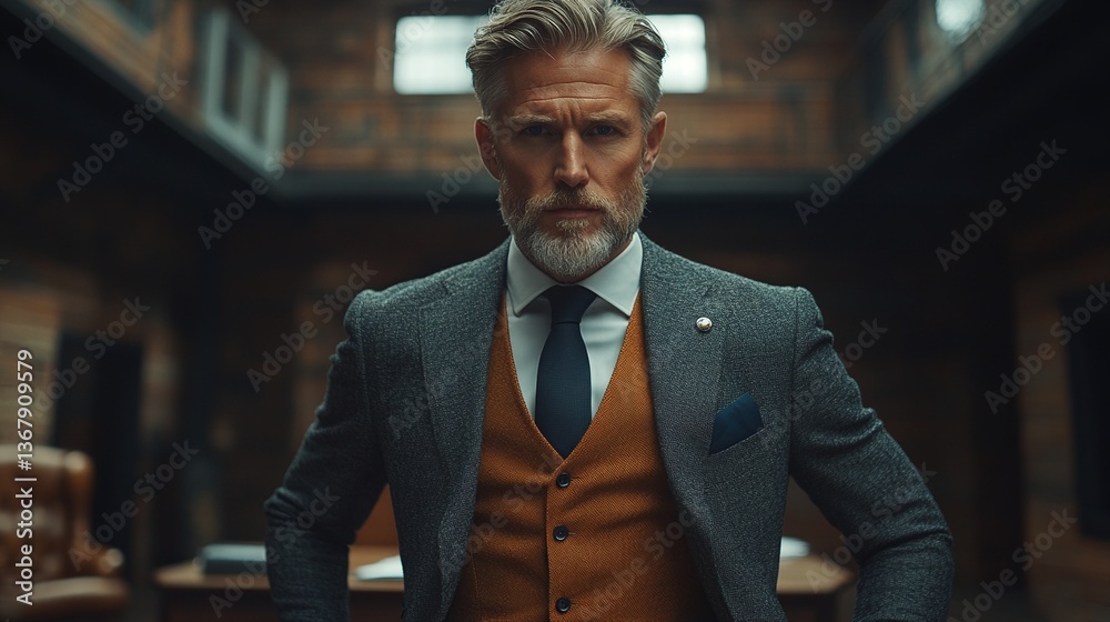 Fototapeta premium Man in grey suit with tan vest and dark tie