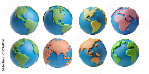 Colorful Earth Globes Made of Play Dough in Various Designs, isolated on transparent background