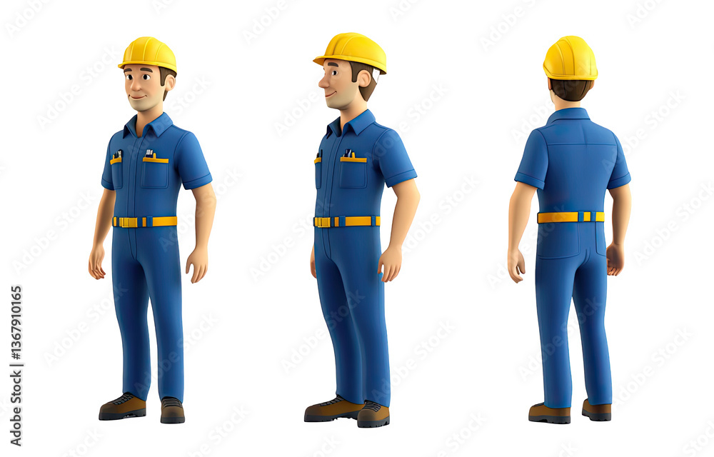 A cartoon character of an engineer wearing blue overalls and a yellow helmet, standing in three different poses, against a white background, png