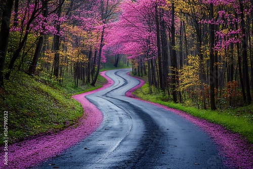A road through a colorful forest in early spring, with new leaves and blossoms creating a vibrant and fresh atmosphere