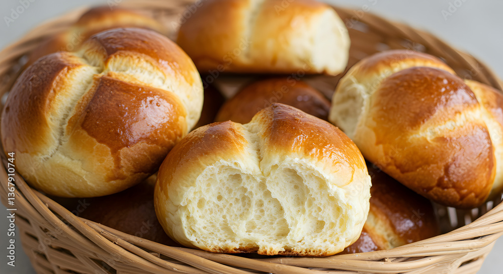 Soft and Fluffy Golden Brown Bread Rolls in Wicker Basket – Freshly Baked Homemade Buns with Shiny Crust and Tender Interior – Perfect for Breakfast, Sandwiches, or Side Dish – Rustic Bakery Food Phot Soft and Fluffy Golden Brown Bread Rolls in Wicker Basket – Freshly Baked Homemade Buns with Shiny Crust and Tender Interior – Perfect for Breakfast, Sandwiches, or Side Dish – Rustic Bakery Food Phot