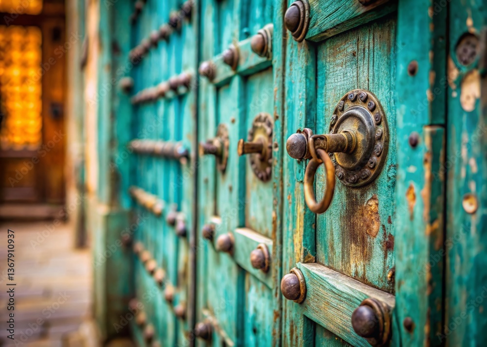 Old Turquoise Wooden Door with Metal Handles - Bokeh Architectural Background Stock Photo Old Turquoise Wooden Door with Metal Handles - Bokeh Architectural Background Stock Photo