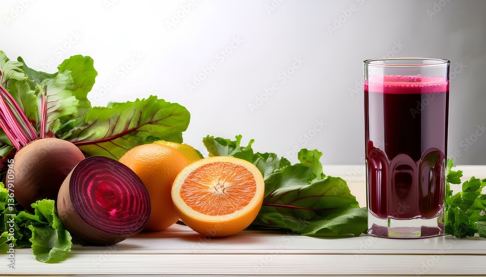 Fototapeta premium glass of beet juice and fruits on the wooden table with copy space. healthy lifestyle.