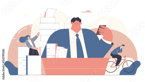 A corporate manager is drowning in a pile of transport bills in a panic. In the background, employees find a creative way to save money - carpooling on a bicycle.