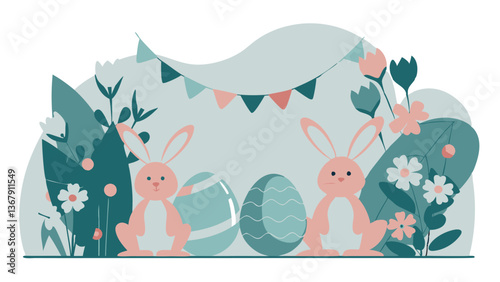 Colorful easter banner decorated with cute hares, painted eggs and spring flowers. Festive atmosphere