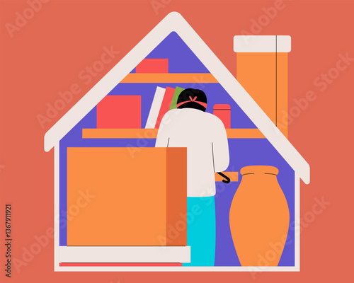 A person organizes and tidies up her home by sorting stored items and arranging shelves