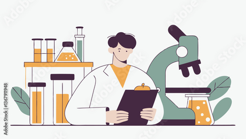 A young medical scientist in a white coat works in a modern laboratory, carefully taking notes on a tablet. He analyzes medical tests, evaluating the data obtained.