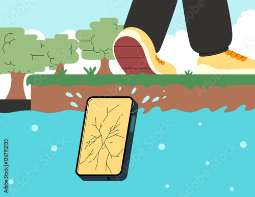 A shattered smartphone sinking into the water symbolizing digital disconnection