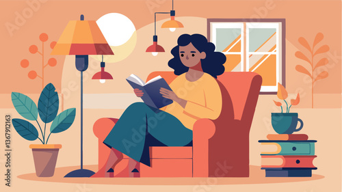 A woman sits comfortably in a chair in a living room, immersed in reading. Warm lighting from above softly illuminates her face. A cozy atmosphere with a plant is around.