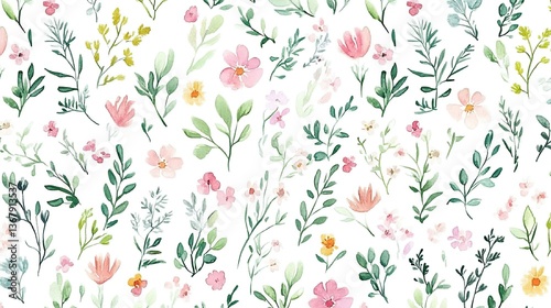 Delicate watercolor wildflower bouquet with pastel pink blooms and green foliage on crisp white background, soft washes blending hand-painted textures. Perfect for wedding stationery designs, baby sho