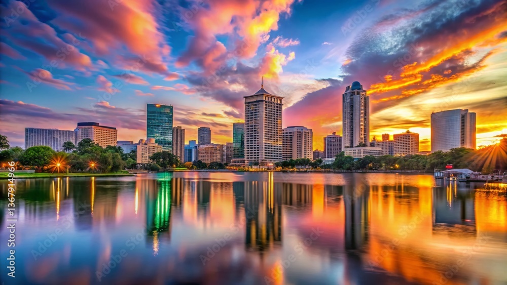 Naklejka premium Orlando Florida Skyline Panoramic View at Sunset, Cityscape with Copy Space
