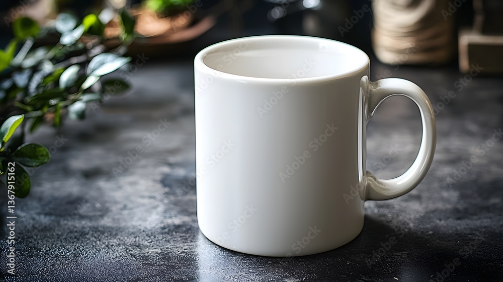 A high-quality image of a white coffee mug displayed elegantly on a table ready for advertising and promotional use A high-quality image of a white coffee mug displayed elegantly on a table ready for advertising and promotional use
