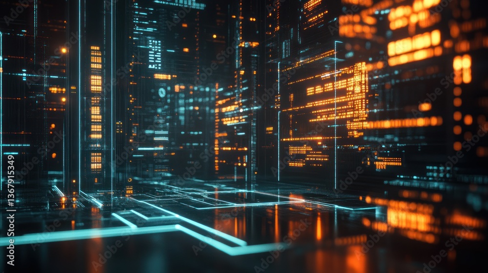 Obraz premium Futuristic digital city with data streams and glowing neon lights.