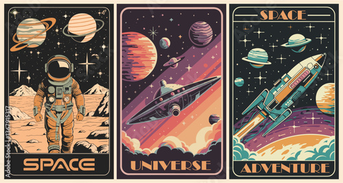 Astronaut in space retro Poster, background, cover. Space and the universe concept. Cosmonaut in spacesuit walking alien planet. Vintage style vector colorful illustration.