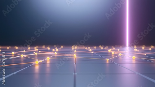 Futuristic tech design with glowing grid and neon light beam, digital innovation concept.