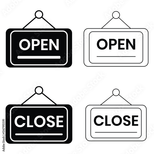 Open and close icon set. Hanging open or close vector set. Open and close board symbol hanging in shop, restaurant, bar or retail store. Vector illustration.