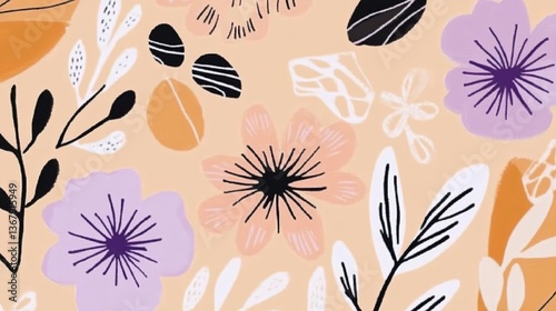 Simplified peach and lavender botanical shapes with bold black outlines and dusty pink details on cream paper texture. Child-friendly illustration ideal for kindergarten worksheets, Montessori learnin