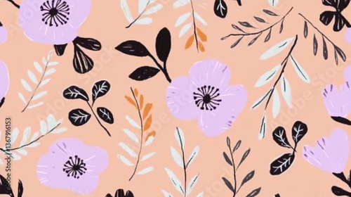 Bohemian-inspired hand-drawn floral composition in peach and plum with graphic black foliage, soft blush accents on organic textured background. Earthy contemporary pattern for throw pillow covers, cu