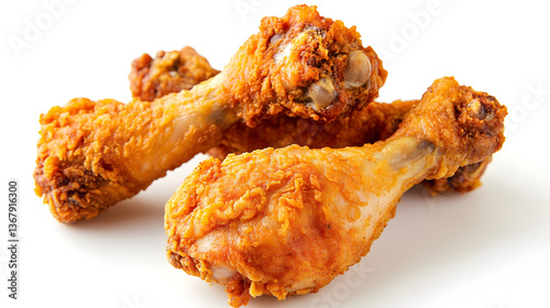 Spicy Fried Chicken Drumsticks on a White Background
