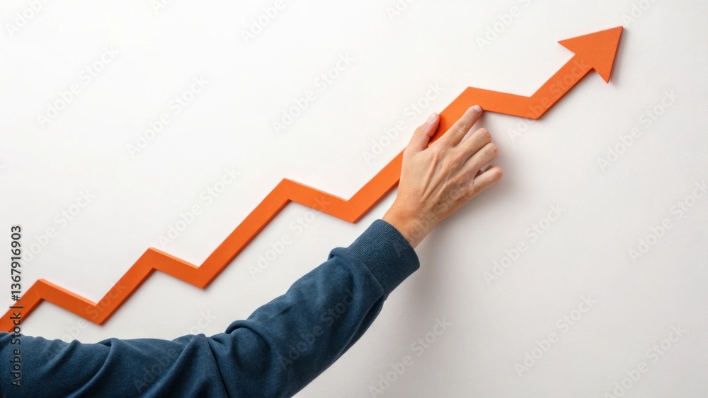 hand pointing at upward arrow graph. The image symbolizes growth, success, and progress hand pointing at upward arrow graph. The image symbolizes growth, success, and progress