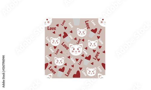 gift box on white background pattern vector with red hearts and cat faces on pink background 