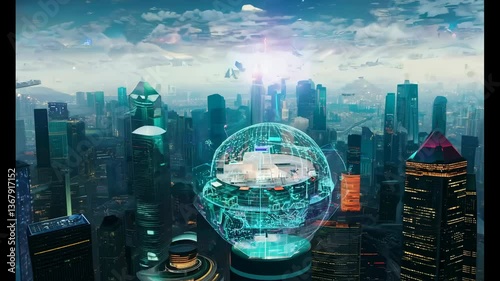 Stunning futuristic city skyline with holographic technology hovering above during twilight hours