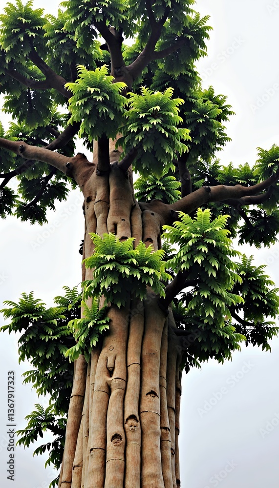 Fototapeta premium Tropical Tree Unusual Tree Distinctive Bark Smooth Bark Segmented Trunk Multiple Trunks Palmate Leaves Large Leaves Green Leaves