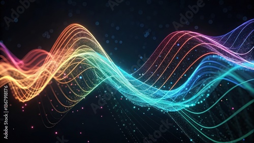 vibrant waves of color dance against a dark backdrop, creating a sense of energy and movement. The flowing lines suggest sound waves or digital data, sparking imagination and wonder