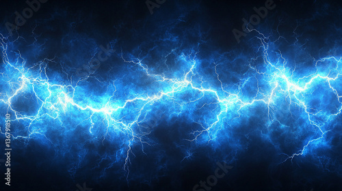  A dark sky with a bright blue streak cutting through, surrounded by a white line, while lightning illuminates clouds in the midst of the night. A modern, dramatic night scene