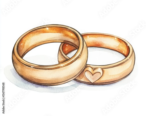 Watercolor illustration of two intertwined gold wedding rings symbolizing love and commitment in a romantic style