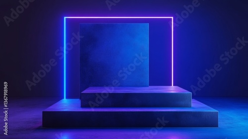 Wallpaper Mural Futuristic neon lit stage with geometric blue backdrop for creative design projects Torontodigital.ca