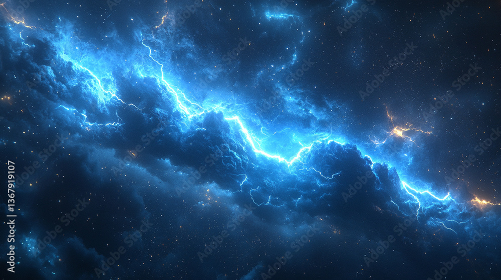 Fototapeta premium A dark sky with a bright blue streak cutting through, surrounded by a white line, while lightning illuminates clouds in the midst of the night. A modern, dramatic night scene