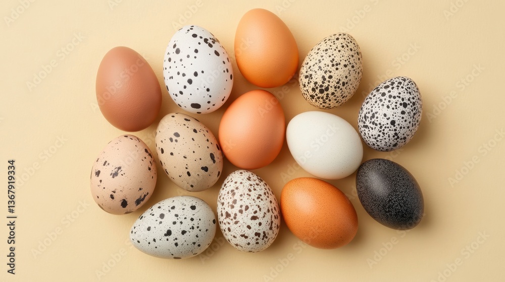 A group of multicolored speckled eggs resting on a light yellow background A group of multicolored speckled eggs resting on a light yellow background