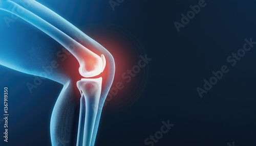  3d medical x ray of knee pain with arthritis inflammation and tendon injury, copy space 