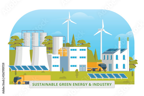 Sustainable Green Energy & Industry Vector Illustration with Hydropower Dam, Solar Panels, and Wind Turbines. Fully Editable and Modular Elements.