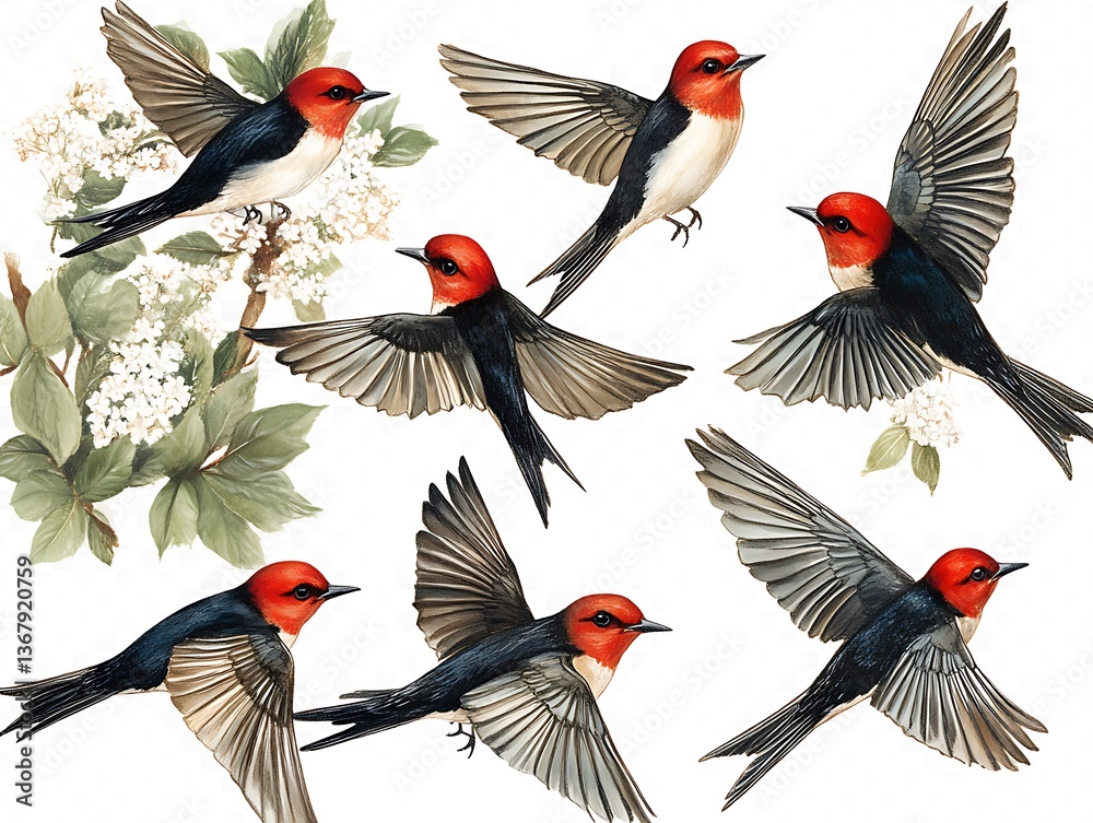 Obraz premium Birds in Flight, Floral Background