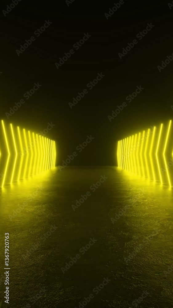 A tunnel with futuristic neon yellow lights looping through it, creating a mesmerizing glow on the concrete walls and floor. 4K 3D Animation Loop Futuristic Sci Fi Lines