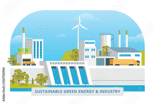Sustainable Green Energy & Industry Vector Illustration with Hydropower Dam, Solar Panels, and Wind Turbines. Fully Editable and Modular Elements.