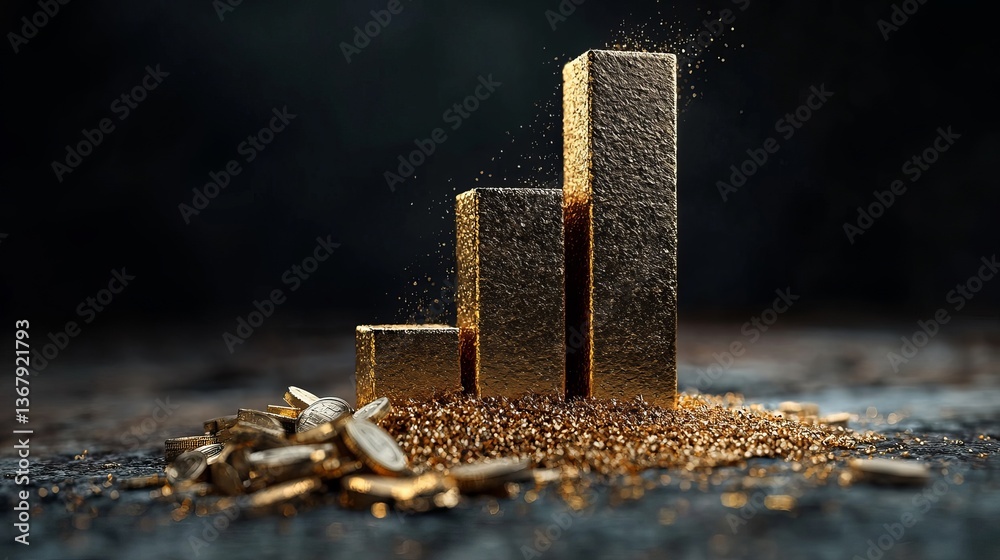 Three gold bars rising from a pile of granules, symbolizing financial growth and prosperity.