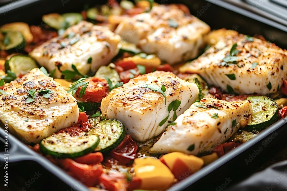 Freshly baked cod fillets are served with a medley of roasted vegetables, including zucchini, tomatoes, and bell peppers, seasoned with herbs and spices, creating a healthy and flavorful dish Freshly baked cod fillets are served with a medley of roasted vegetables, including zucchini, tomatoes, and bell peppers, seasoned with herbs and spices, creating a healthy and flavorful dish