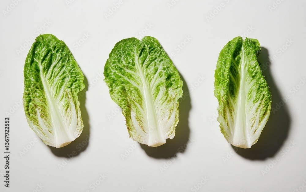 Three vibrant green lettuce leaves arranged in a row on a light gray background. The leaves show slight variations in color and texture, adding a natural touch to the image Three vibrant green lettuce leaves arranged in a row on a light gray background. The leaves show slight variations in color and texture, adding a natural touch to the image