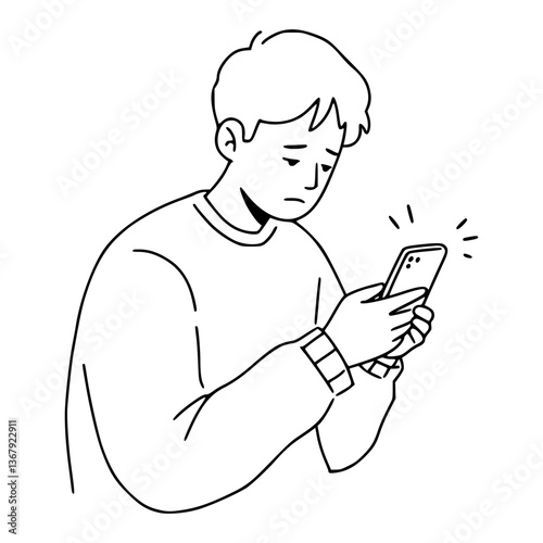 Simple Stroke line art of a person scrolling aimlessly on their phone, looking unmotivated | Man with mobile phone