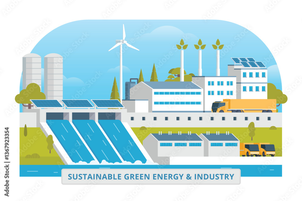 Fototapeta premium Sustainable Green Energy & Industry Vector Illustration with Hydropower Dam, Solar Panels, and Wind Turbines. Fully Editable and Modular Elements.