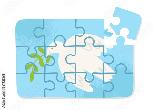Vector blue puzzle with white dove. disassembled puzzle. Cartoon children illustration. Peace concept. 