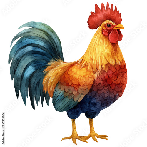 A watercolor of a rooster, isolated on a white background. Rooster vector.

