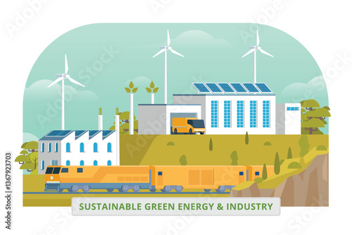 Sustainable Green Energy & Industry Vector Illustration with Hydropower Dam, Solar Panels, and Wind Turbines. Fully Editable and Modular Elements.