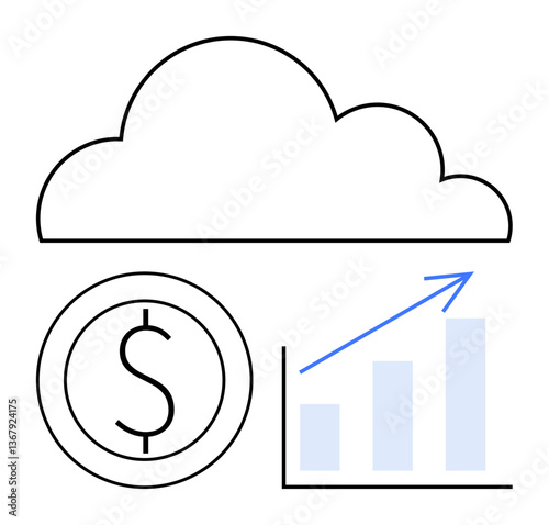 Cloud element above a dollar coin and upward graph arrow highlights financial growth, technology, and analytics. Ideal for finance, cloud computing, business growth, economics, forecasting