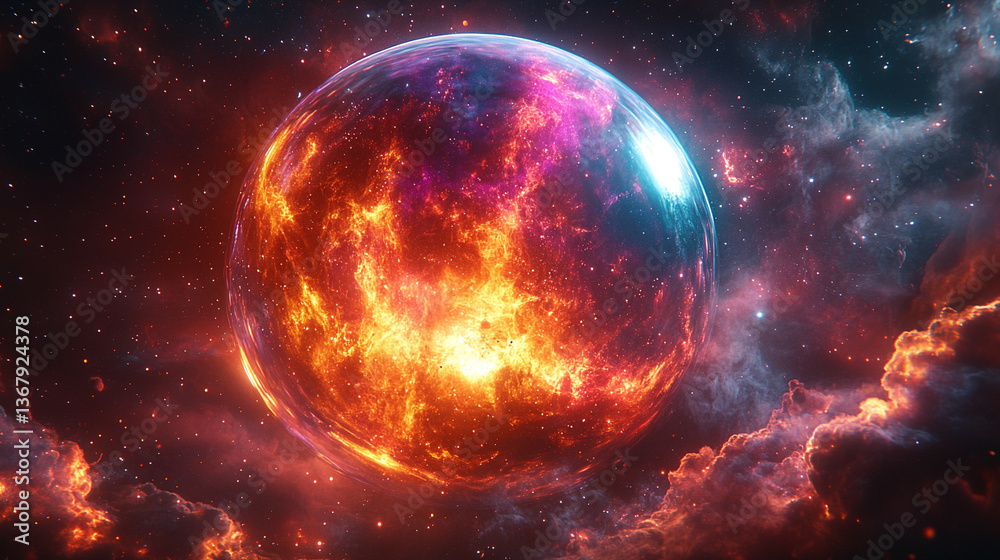 A digital rendering of a vibrant nebula encapsulated in a transparent glass sphere, symbolizing the mysteries of the universe and the connection between science and art.
A digital rendering of a vibrant nebula encapsulated in a transparent glass sphere, symbolizing the mysteries of the universe and the connection between science and art.