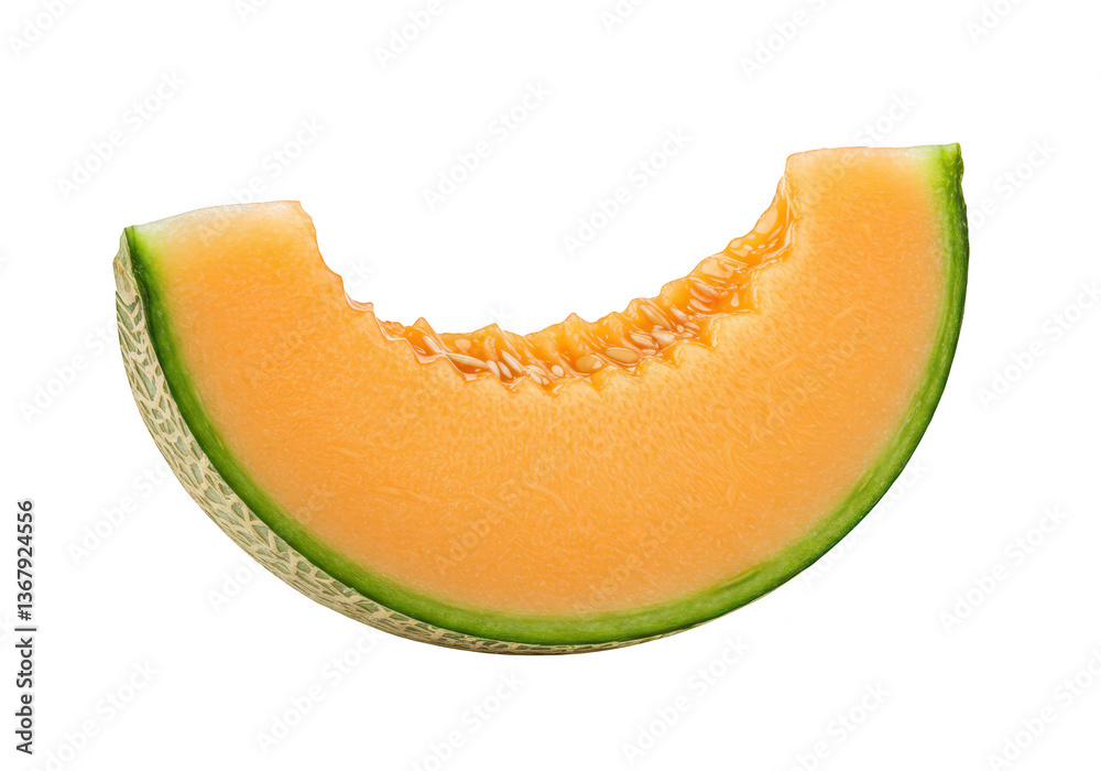 A slice of ripe cantaloupe melon with a green rind and orange flesh isolated on transparent background A slice of ripe cantaloupe melon with a green rind and orange flesh isolated on transparent background