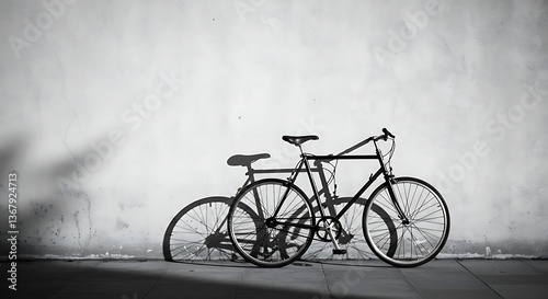 Black Bicycle Against White Wall with Shadow Creating Dramatic Monochrome Scene